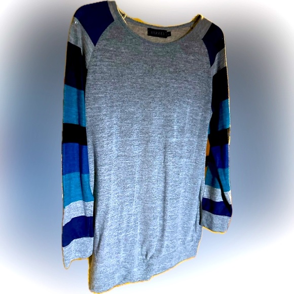 HARHAY RAGLAN STRIPE SLEEVE BOAT NECK TUNIC GRAY BLUE COTTON SPANDEX LONG TSHIRT - Picture 3 of 6